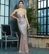 Dubai Nights Silver & Gold Plunge Glitter Maxi Dress - Fashion Genie Boutique