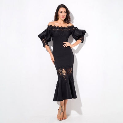 Mamacita Black Bardot Lace Panel Midi Dress - Fashion Genie Boutique