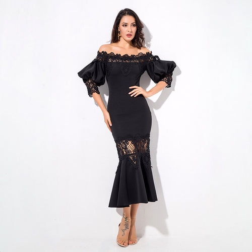 Mamacita Black Bardot Lace Panel Midi Dress - Fashion Genie Boutique