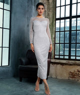 Deep Into You Silver Long Sleeve Glitter Embellished Midi Dress - Fashion Genie Boutique