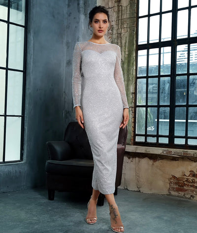 Deep Into You Silver Long Sleeve Glitter Embellished Midi Dress - Fashion Genie Boutique