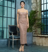 Monte Carlo Rose Gold Bardot Glitter Embellished Midi Dress - Fashion Genie Boutique