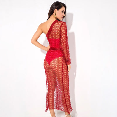 Ready To Glow Red Glitter Knit Kaftan Dress - Fashion Genie Boutique
