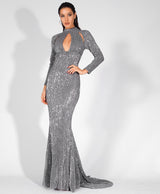 Cut It Out Silver Keyhole Sequin Long Sleeve Maxi Fishtail Dress - Fashion Genie Boutique