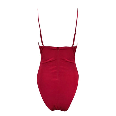 Cool Casual Red Chain Strap Cut Out Bodysuit - Fashion Genie Boutique