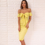 Heaven Sent Yellow Bardot Front Wrap Midi Dress - Fashion Genie Boutique