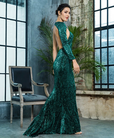 Luxury Night Green Sequin One Shoulder Maxi Gown Dress - Fashion Genie Boutique