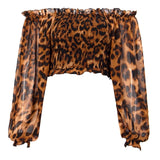 Alicante Cute Bardot Leopard Print Long Sleeve Crop Top - Fashion Genie Boutique