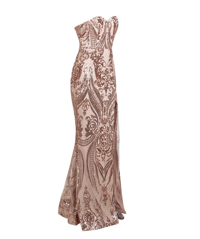 Sweet Vision Rose Gold Strapless Sequin Spilt Maxi Gown Dress - Fashion Genie Boutique