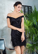 Supernova Black Bardot Sequin Feather Mini Dress - Fashion Genie Boutique