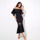 Mamacita Black Bardot Lace Panel Midi Dress - Fashion Genie Boutique