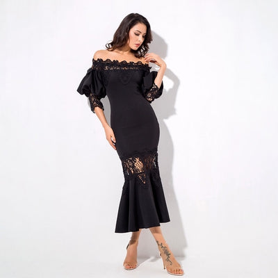 Mamacita Black Bardot Lace Panel Midi Dress - Fashion Genie Boutique