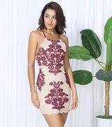 Celebrity Spotlight Nude And Red Halter Strappy Mini Dress - Fashion Genie Boutique