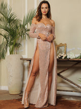 So Lavish Rose Gold Sequin Bardot Double Split Maxi Dress - Fashion Genie Boutique