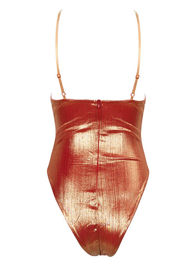 Say It Isn’t So Orange Iridescent Chain Strap Cut Out Bodysuit - Fashion Genie Boutique