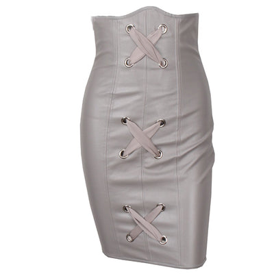Cross Cross Grey Faux Leather High Waisted Mini Skirt - Fashion Genie Boutique