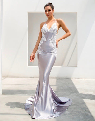 Sweet Lace Grey Satin Lace Maxi Fishtail Dress - Fashion Genie Boutique