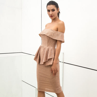 Ciao Babe Gold Bardot Glitter Embellished Peplum Midi Dress - Fashion Genie Boutique