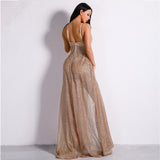 Dare To Bare Gold Metallic Double Split Sequin Maxi Dress - Fashion Genie Boutique