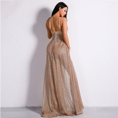 Dare To Bare Gold Metallic Double Split Sequin Maxi Dress - Fashion Genie Boutique