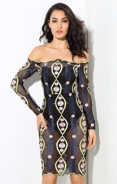Shelly Black Bardot Long Sleeve Mesh Mini Dress - Fashion Genie Boutique