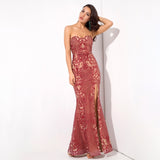 Princess Doll Red Strapless Glitter Maxi Split Fishtail Dress - Fashion Genie Boutique