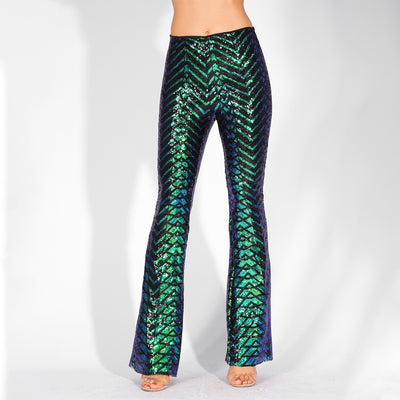 Ibiza Party Green Iridescent Sequin High Waisted Bootcut Trousers - Fashion Genie Boutique