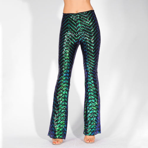 Ibiza Party Green Iridescent Sequin High Waisted Bootcut Trousers - Fashion Genie Boutique