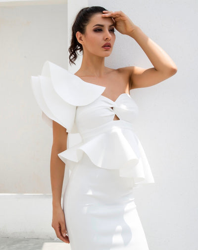 Keya White Peplum Bardot Top & Midi Skirt Dress Co Ord - Fashion Genie Boutique