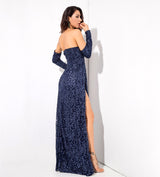 Princess Of Charm Navy Bardot Glitter Double Split Maxi Dress - Fashion Genie Boutique
