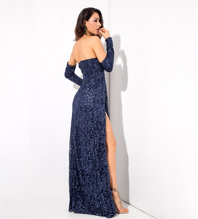 Princess Of Charm Navy Bardot Glitter Double Split Maxi Dress - Fashion Genie Boutique