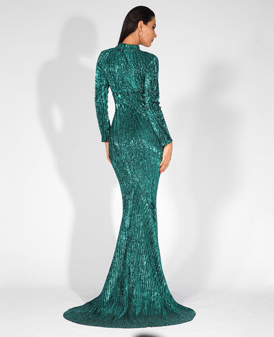Cut It Out Green Keyhole Sequin Long Sleeve Maxi Fishtail Dress - Fashion Genie Boutique