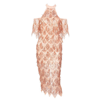 Goodnight And Go Gold Sequin Fringe Midi Dress - Fashion Genie Boutique
