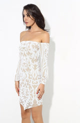 Babe Status White & Nude Long Sleeve Sequin Mini Dress - Fashion Genie Boutique