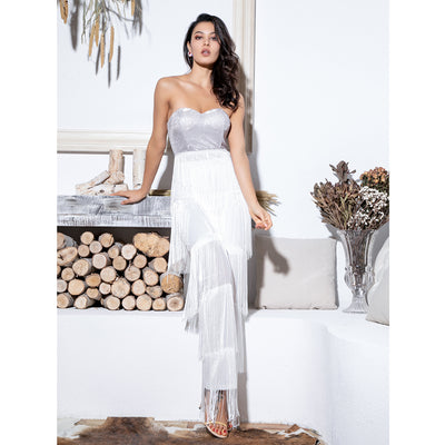 Queen of Sheen White Strapless Fringe Jumpsuit - Fashion Genie Boutique