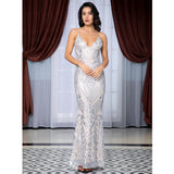 Movie Starlet Silver Plunge Glitter Maxi Fishtail Dress - Fashion Genie Boutique