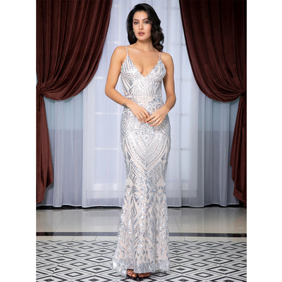 Movie Starlet Silver Plunge Glitter Maxi Fishtail Dress - Fashion Genie Boutique