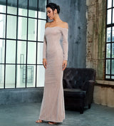 Molly Silver Bardot Glitter Embellished Long Sleeve Maxi Fishtail Dress - Fashion Genie Boutique