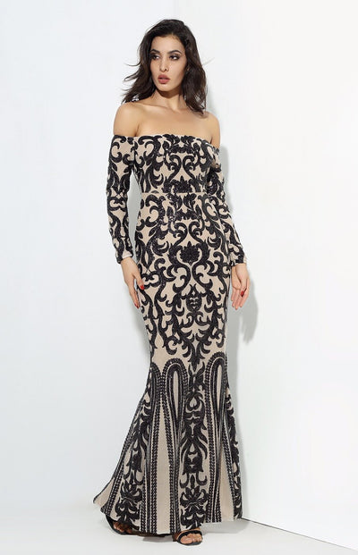 Avella Black & Nude Sequin Bardot Maxi - Fashion Genie Boutique