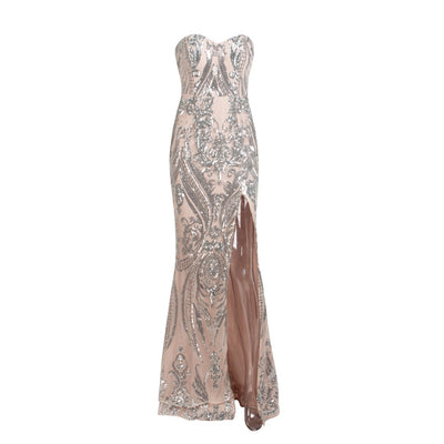 Sweet Vision Silver Strapless Sequin Spilt Maxi Gown Dress - Fashion Genie Boutique
