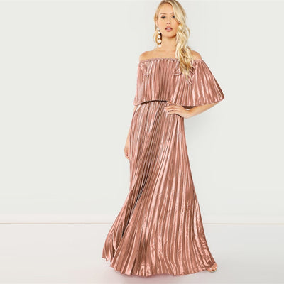 Dream Of You Pink Bardot Pleated Maxi Dress - Fashion Genie Boutique