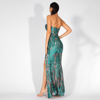 Sweet Vision Green Strapless Sequin Spilt Maxi Gown Dress - Fashion Genie Boutique