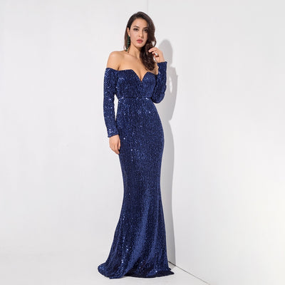 Dressed To Thrill Navy Sequin Bardot Maxi Dress - Fashion Genie Boutique