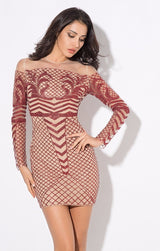 Meryl Red & Nude Glitter Long Sleeve Mini Dress - Fashion Genie Boutique