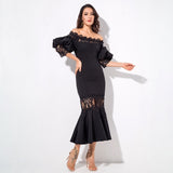 Mamacita Black Bardot Lace Panel Midi Dress - Fashion Genie Boutique