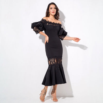 Mamacita Black Bardot Lace Panel Midi Dress - Fashion Genie Boutique