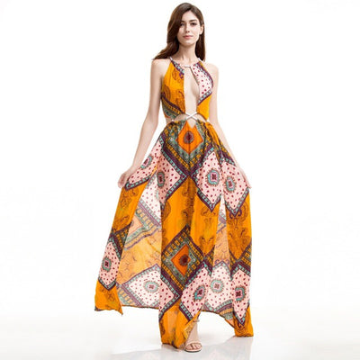 Enchant Me Yellow Multi  Double Split Maxi Dress - Fashion Genie Boutique