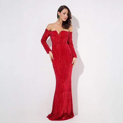Dressed To Thrill Red Sequin Bardot Maxi Dress - Fashion Genie Boutique