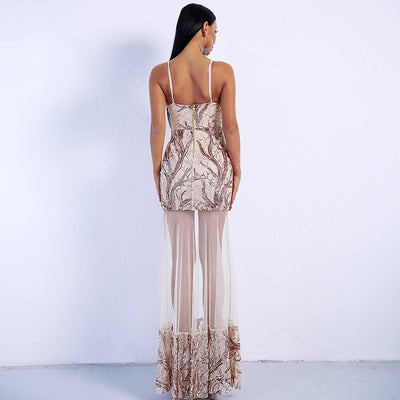 Always & Forever Rose Gold Sheer Lace Sequin Maxi Dress - Fashion Genie Boutique