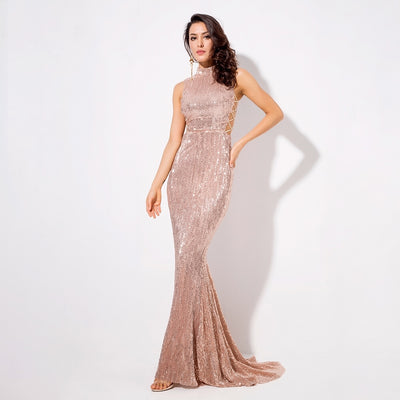 Million Dollar Babe Champagne Sequin Maxi Fishtail Gown Dress - Fashion Genie Boutique